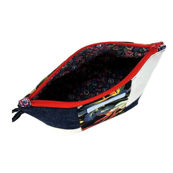 Handmade Upcycled Denim Floral Print Cotton Cosmetic Makeup Zipper Pouch Bag - Picture 4 of 8